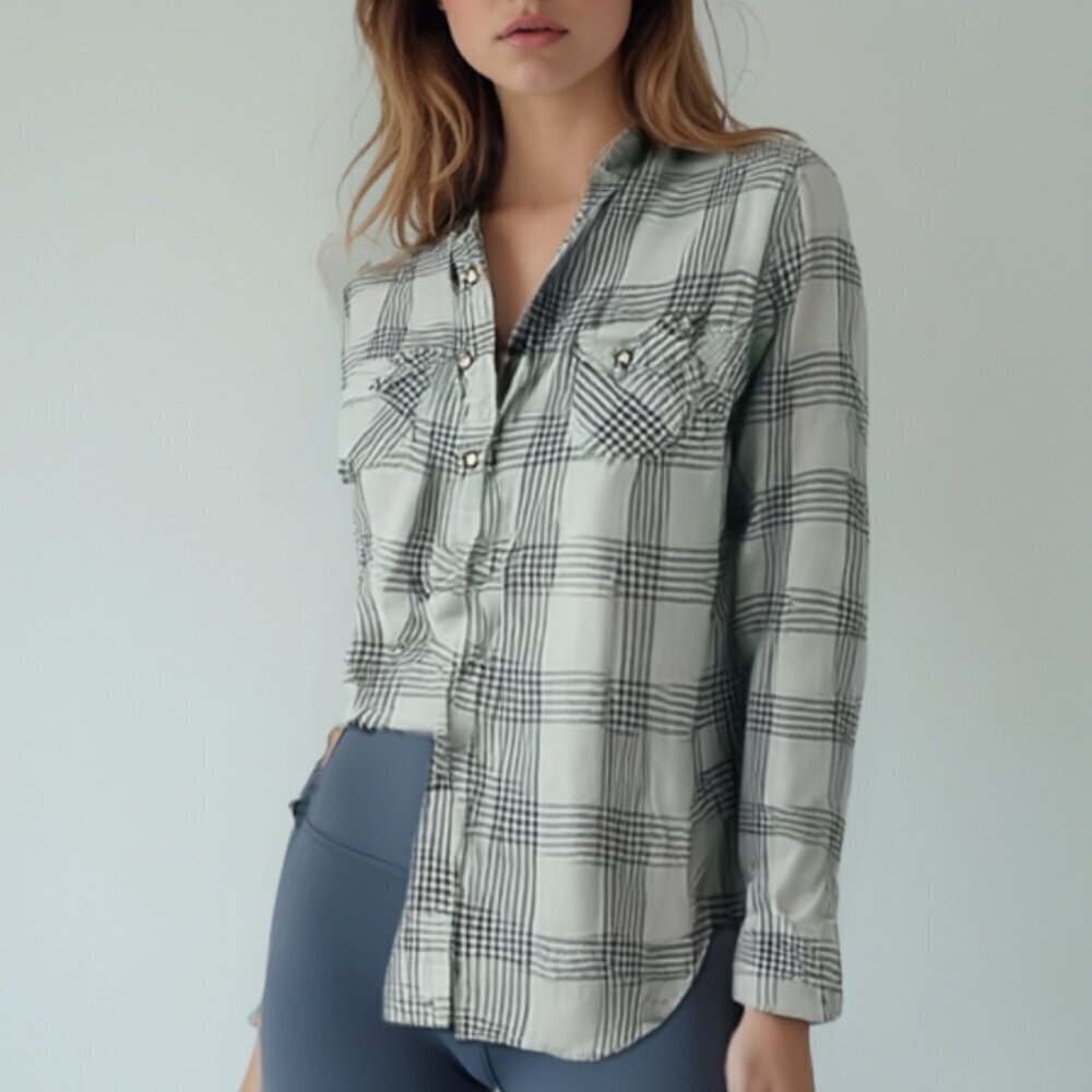 American Eagle Grey Plaid Flannel Shirt Oversized BF Fit Grunge Western 4 ❤️